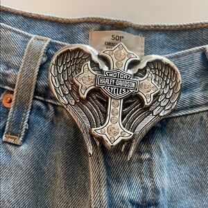 Harley-Davidson Silver Winged Cross Belt Buckle with Crystal Accents
